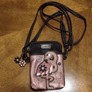 Chala Flamingo Cell Phone Purse Crossbody Wristlet Pink Rose Glitter